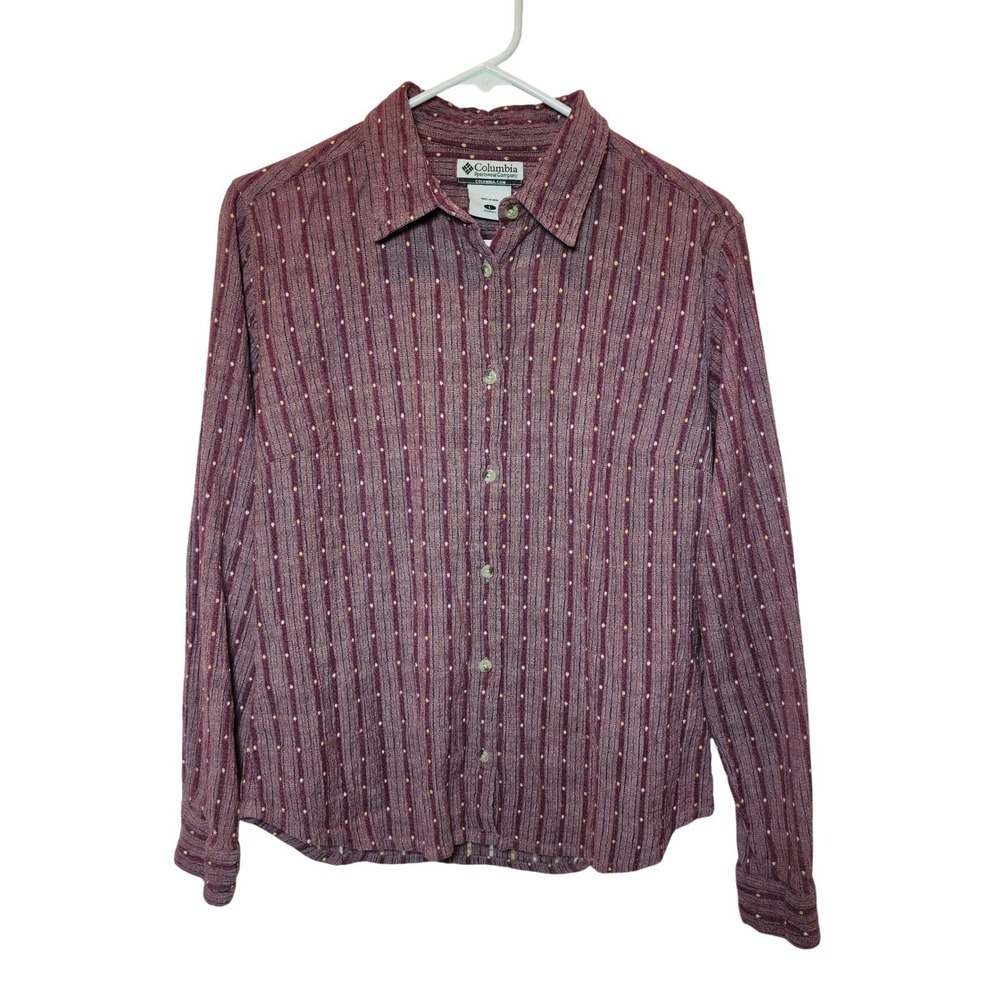 Columbia Women's Large Button Down Shirt Maroon Striped dot Long‎ Sleeve